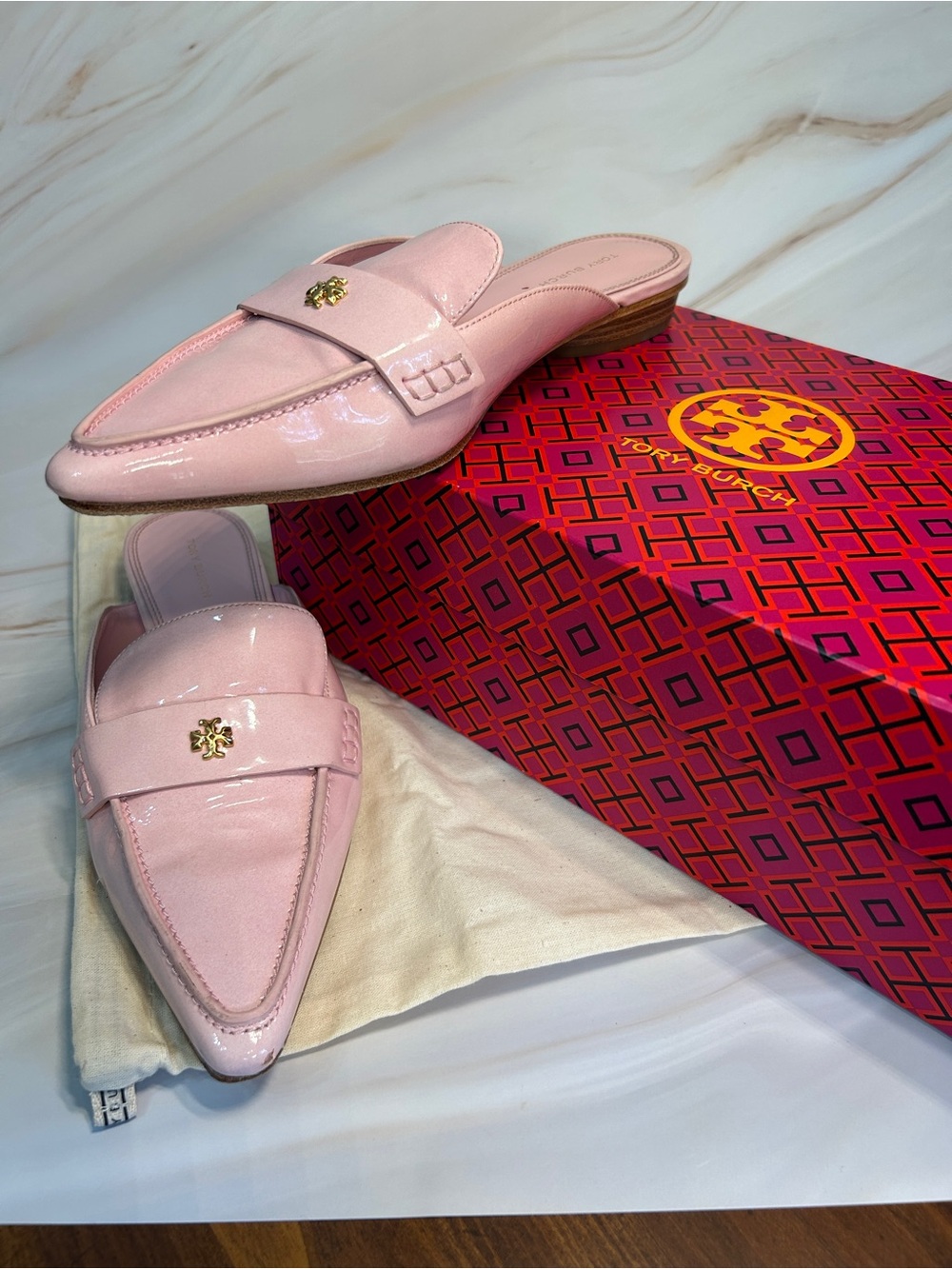 Tory Burch Pink Patent Leather Pointed Toe Backless Loafer Flat Slip-On Shoes